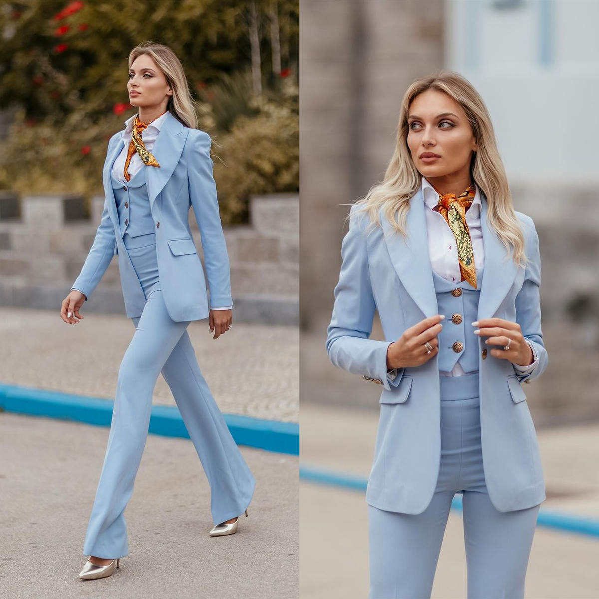 Women Formal Wear Tailor - 女性フォーマルスーツ スカイブルー ピークドラペル レディース スリムフィット パーティー