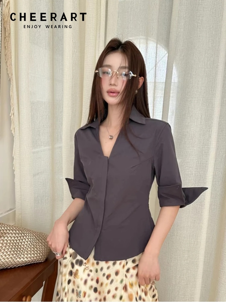 Women Formal Wear Korean - CHEERART 秋のレディースブラウスとシャツ グレーのボタンアップクロップトップ 韓国風レディースワークオフィスウェア 2026年秋ファッション