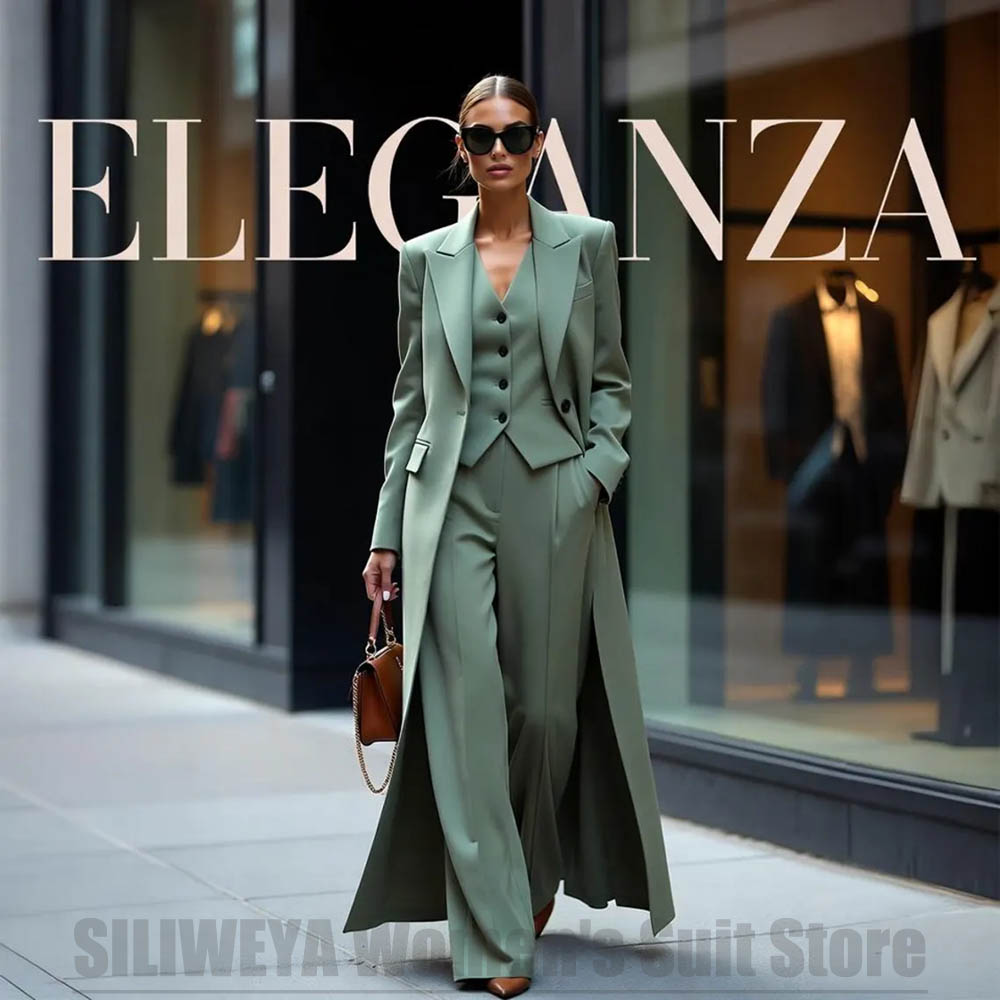 Women'S Formal Wear Pants Suit - シックなレディーススーツ3点セット、ピークドラペル、ワンボタン、パーティ、フォーマル、ビジネス、オフィスウェア、ロングブレザー、ベスト、パンツ