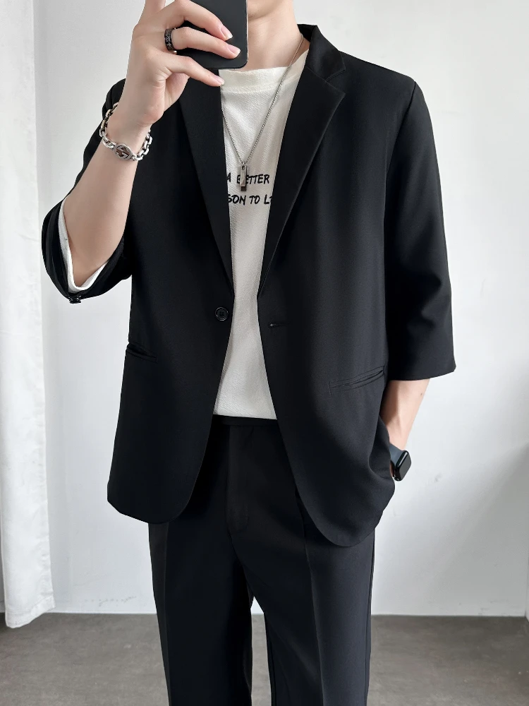 Women Formal Wear Korean - カジュアルな七分袖スーツジャケット。男性用、軽量、半袖、ファッショナブルな韓国スタイル、夏の普段着やフォーマルな場にも適した一着。