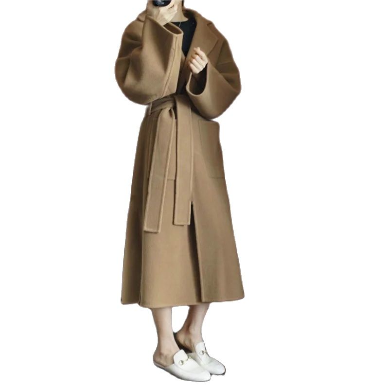 Women Formal Wear Coat - エレガントなレディースロングコート、100％純毛、両面着用可能、快適なルーズフィット、サイドスリット入り、カジュアルとフォーマルな服装に。