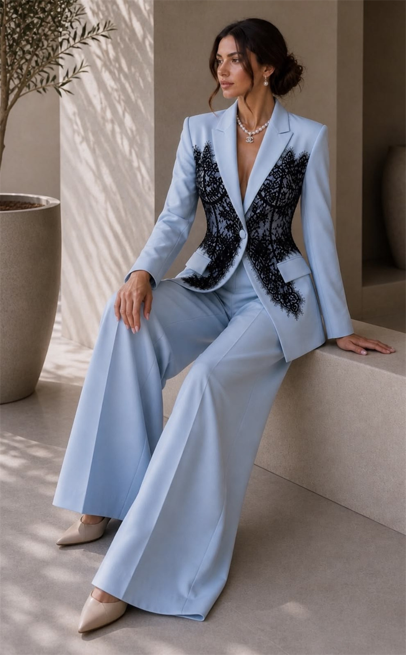 Women Formal Wear Coat - ファッションブルー女性スーツセット 2 ピースブレザー + パンツズボンレースフォーマルカスタマイズされたオフィスレディジャケット綿結婚式ウエディングコート