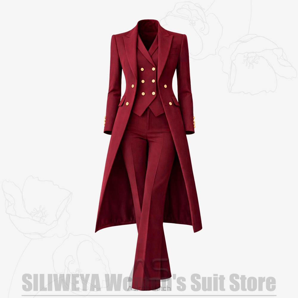 Women'S Formal Wear Pants Suit - レディーススーツ 3ピース ダブルブレスト ロングコート ベスト パンツ