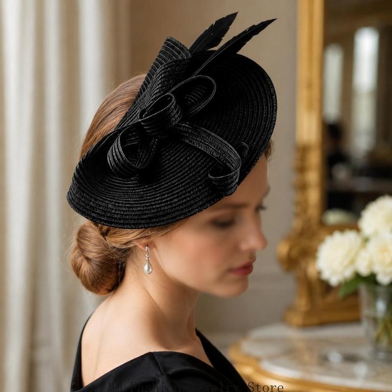 Women Formal Wear Look - 女性用ストロールックドレスハットヘッドピース、フェザーディテール D0UB