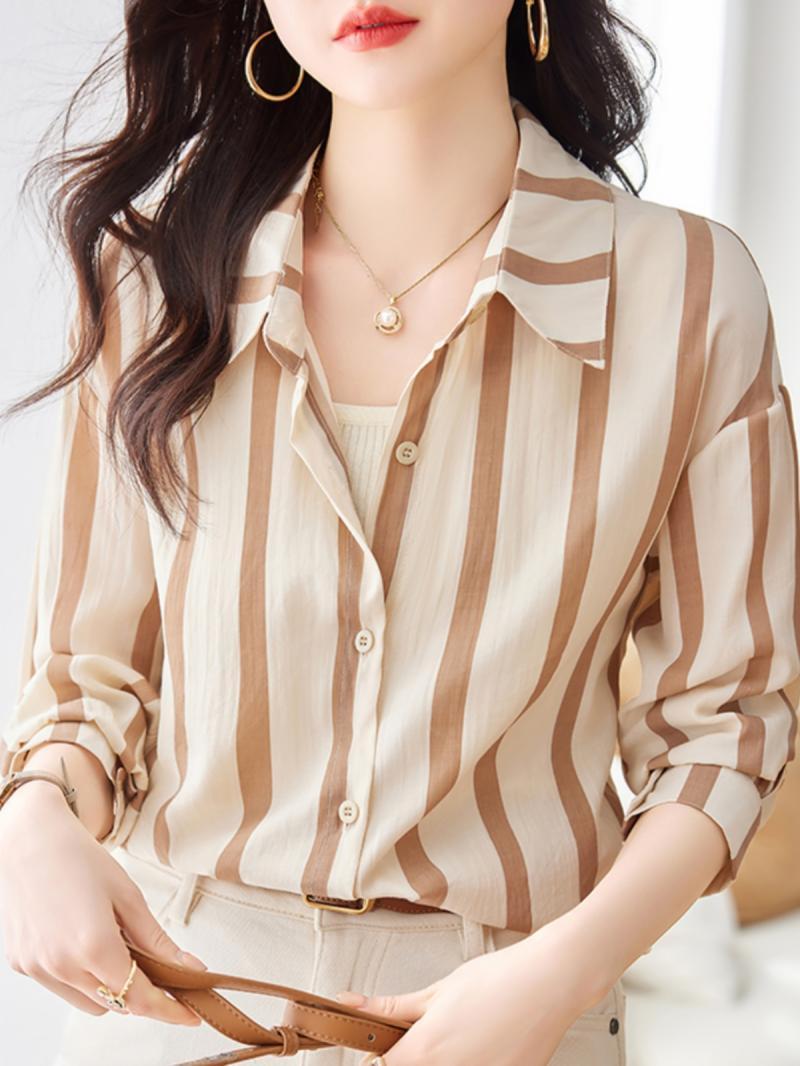 High End Women'S Formal Wear - 女性のためのアプリコットストライプの長袖シャツ,ファッショナブルでシンプルなトップ,ハイエンドの服,新しい,トレンディな,春