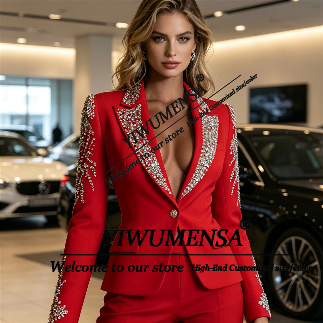 高級女性スーツ 2 ピースセットクリスタルビーズプロムブレザ - Women'S Formal Wear Pants Suit のレビューと価格
