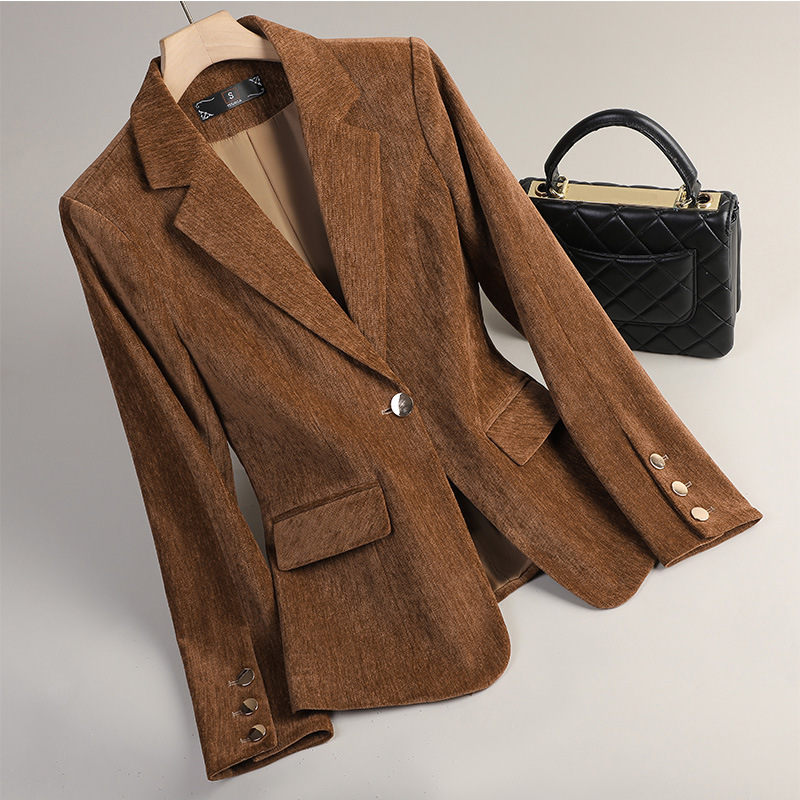 イエローゴールドベルベットブレザー女性秋冬カジュアルスーツフ - Women Formal Wear With Blazer のレビューと価格