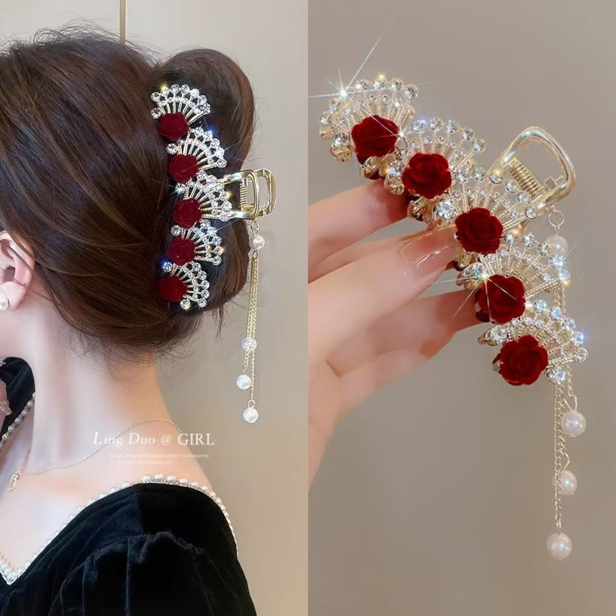 ヴィンテージレッドフローラルラインストーンヘアクリップ（女性 - High End Women'S Formal Wear のレビューと価格