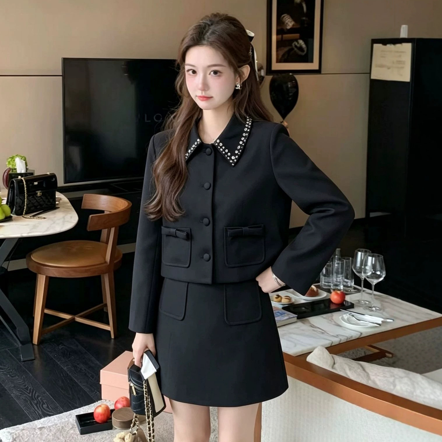 エレガントなスリムスカートのツーピースセット、無地のラペル付 - Women Formal Wear Korean のレビューと価格