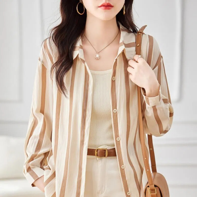 女性のためのアプリコットストライプの長袖シャツ,ファッショナ - High End Women'S Formal Wear のレビューと価格