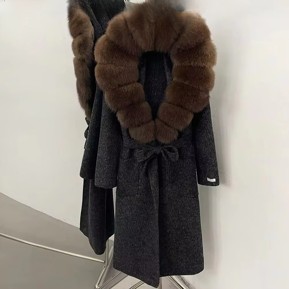 女性用ウールコート、ロング丈、ベルト付き、ファーカラー、リボ - Women Formal Wear Coat のレビューと価格
