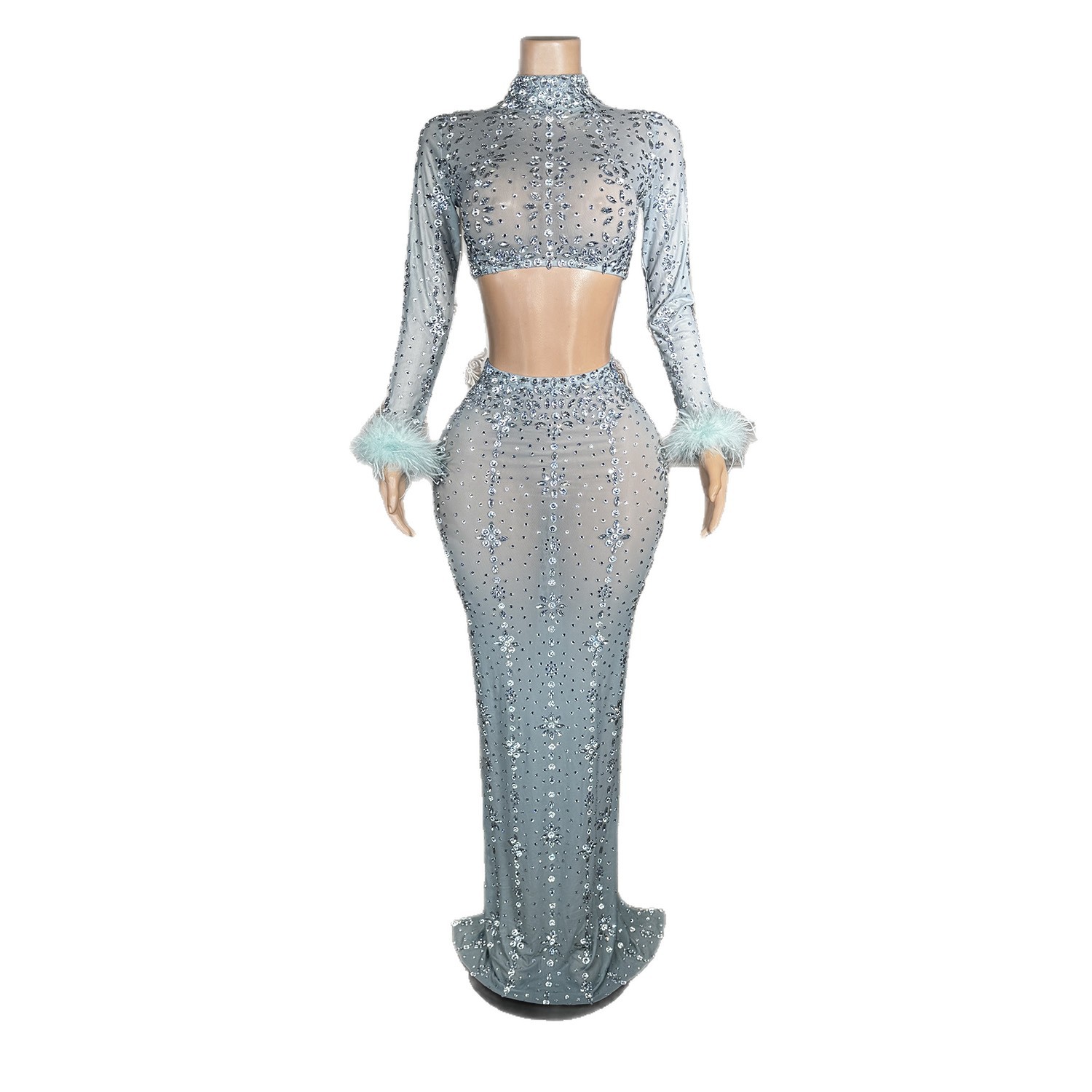 高級感あふれる、2ピースの長袖ラインストーンドレス。女性向け - High End Women'S Formal Wear のレビューと価格